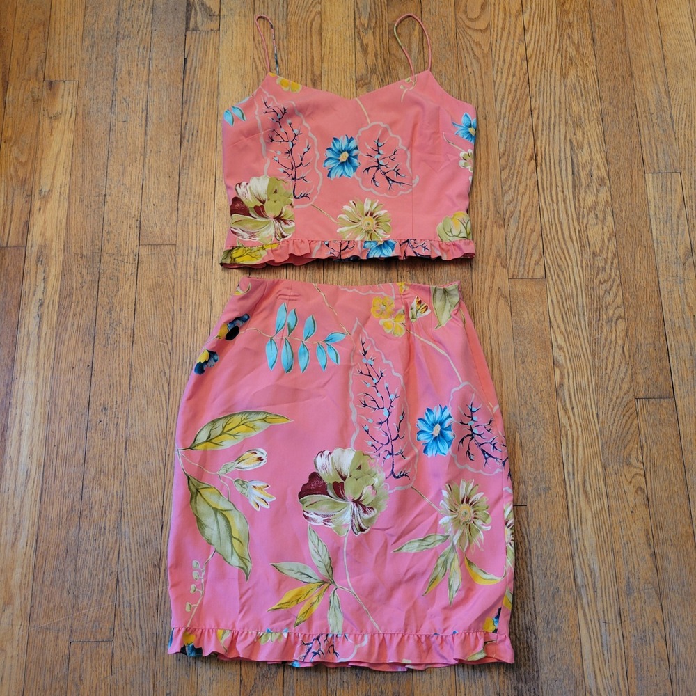 Donna Morgan 4 2pc Silk Pink Floral Ruffle Crop Camisole Tank Skirt Barbiecore